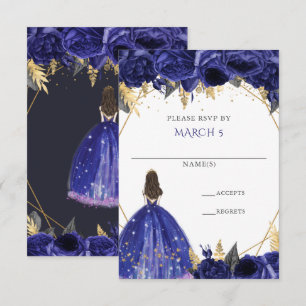 Cartão RSVP Royal Blue Dourado Floral Princesa Quinceanera