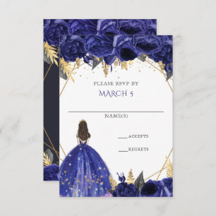 Cartão RSVP Royal Blue Dourado Princesa Floral Quinceanera