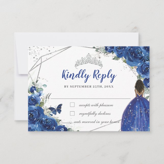 Cartão RSVP Royal Blue Floral Brown Princess Quinceañera XV 16 (Frente)