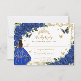 Cartão RSVP Royal Blue Floral Dourada Quinceañera Brown Prince