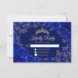 Cartão RSVP Royal Blue Gold Quinceanera Reply