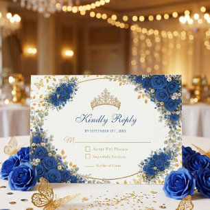 Cartão RSVP Royal Blue Golden Borboletas Quinceañera 