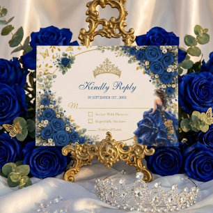 Cartão RSVP Royal Blue Golden Butterfly Quinceañera