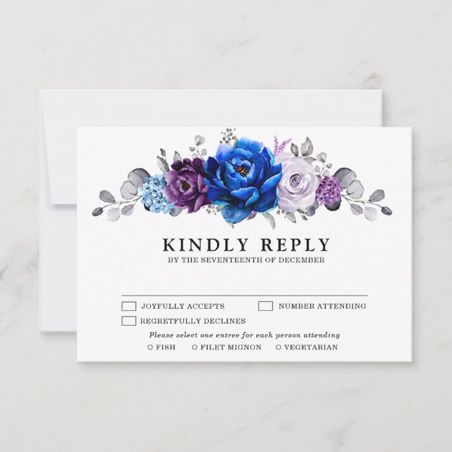 Cartão RSVP Royal Blue Purple Navy Lilac Blooms Wedding (Frente)
