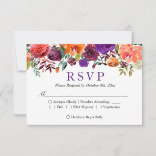 Cartão RSVP RSPV Casamento Floral Outono Roxo Laranja Borgonha