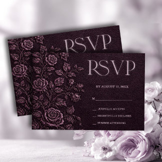 Cartão RSVP RSPV Casamento Rosa Relevo Falso Ameixa Escura