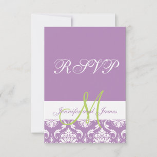 Cartão RSVP RSPV de casamento com foto e monograma em damasco
