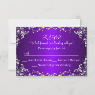 Cartão RSVP RSPV Sweet 16 Damask de Pérola Prateada Roxa
