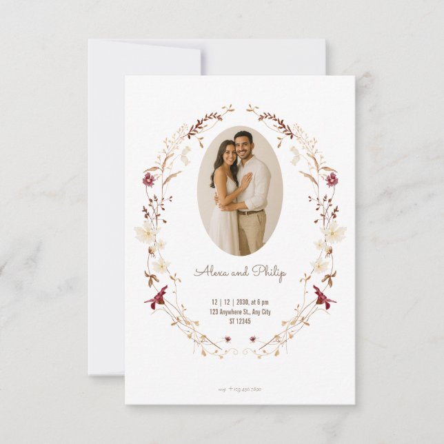 Cartão RSVP Rua Botânica Rústica de Foto Oval Floral (Frente)