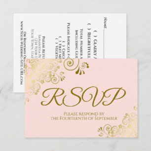 Cartão RSVP Rubor Rosa & Curls Elegantes Dourados Casamento