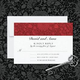 Cartão RSVP Ruby Red Floral Brocade Wedding
