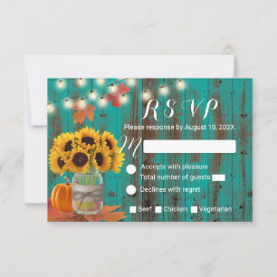 Cartão RSVP Rustic Autumn Sunflower Jar Teal Barn Casamento RS