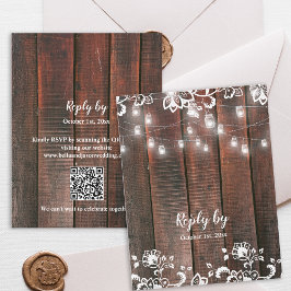 Cartão RSVP Rustic Barn Lace Wood QR Code String Light Wedding