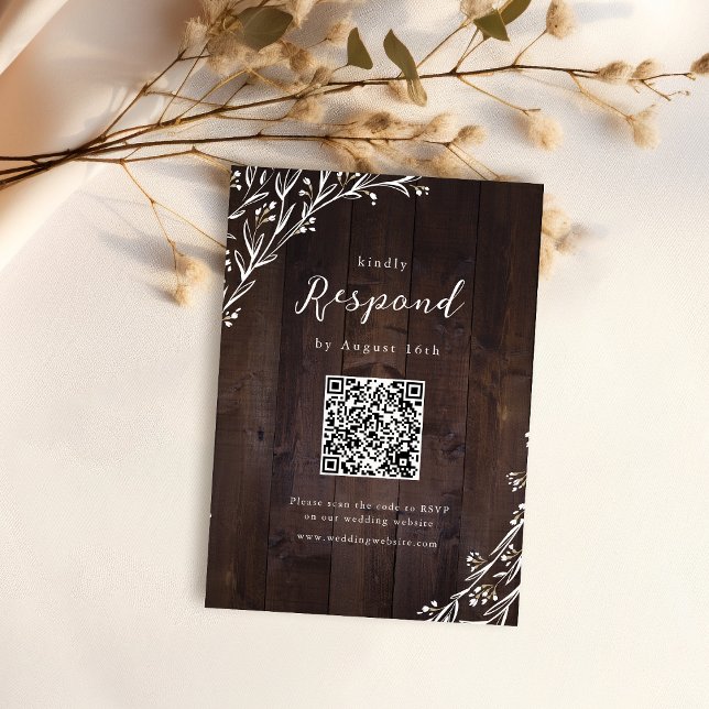 Cartão RSVP Rustic Barn Wood Boho Floral Country Código QR (Rustic Barn Wood Boho Floral Country QR code RSVP Card)