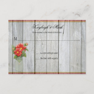 Cartão RSVP Rustic Barn Wood Mason Jar Red Dahlias RSVPs