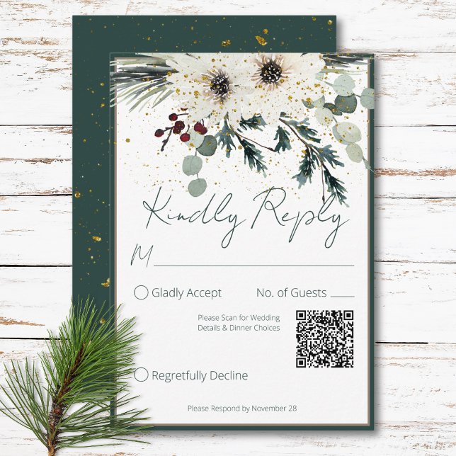 Cartão RSVP Rustic Berries Winter Floral Code (Rustic Berries Winter Floral QR Code Wedding RSVP Card)