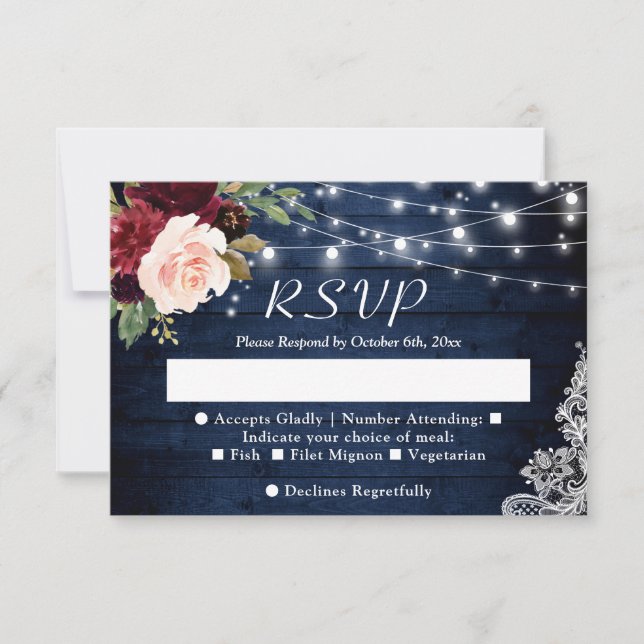 Cartão RSVP Rustic Blue Blush Floral String Luzes De Casamento (Frente)