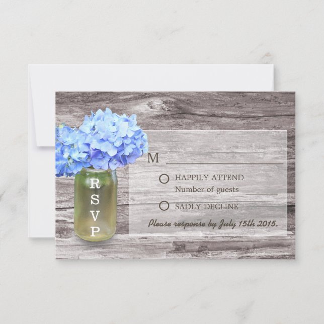 Cartão RSVP Rustic Blue Hydrangea Mason Jar WedRSVP (Frente)