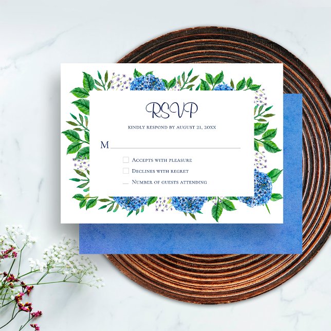 Cartão RSVP Rustic Blue Hydrangeas Watercolor (Front / Back)