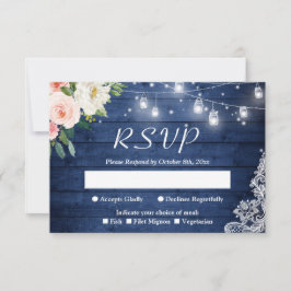 Cartão RSVP Rustic Blue Mason Jar Lights Blush Floral Weding
