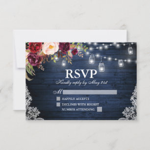 Cartão RSVP Rustic Blue Wood Lights Jars Floral Weding