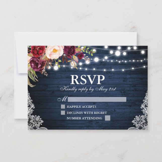 Cartão RSVP Rustic Blue Wood Lights Lace Casamento Floral (Frente)