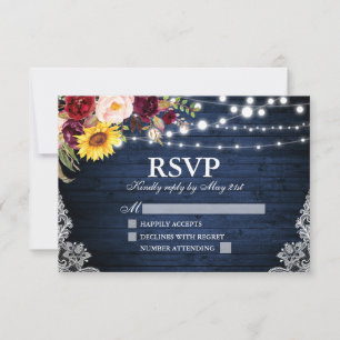 Cartão RSVP Rustic Blue Wood String Luzes Lace Casamento Flora
