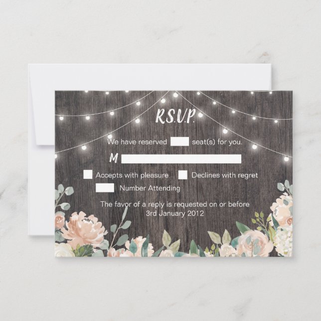 Cartão RSVP Rustic Bohemian String Lights Floral Casamento RSV (Frente)