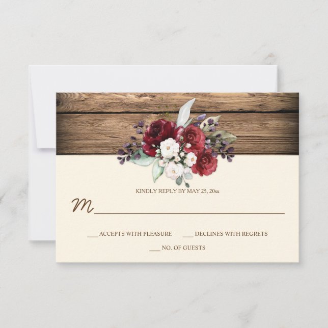 Cartão RSVP Rustic Boho Burgundy & White Roses Barn Wood (Frente)