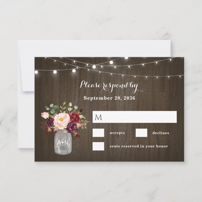 Cartão RSVP Rustic Burgundy Blush Floral Mason Jar Wedding (Frente)