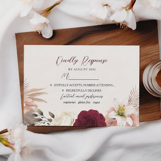 Cartão RSVP Rustic Burgundy & Floral Weding (Criador carregado)