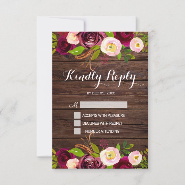 Cartão RSVP Rustic Burgundy Marsala Floral | Barn Wood Wedding (Frente)