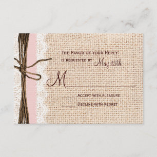 Cartão RSVP Rustic Burlap Lace Twine Pink Ribbon Casamento RSV