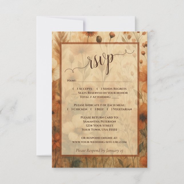 Cartão RSVP Rustic Burnt Sienna Boho Chic Wildflowers Wedding (Frente)