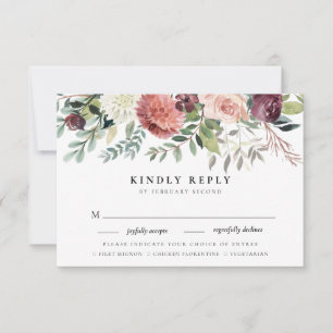 Cartão RSVP Rustic Charm Burgundy Floral Casamento Rosa Rosa R