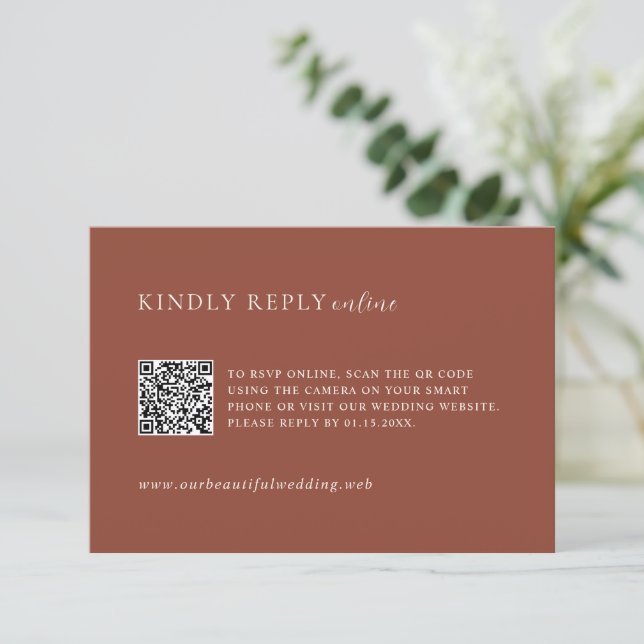 Cartão RSVP Rustic Copper QR Code Editorial Modern Wedding (Em pé/Frente)