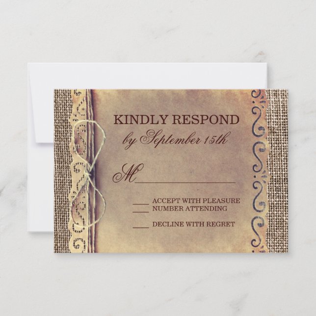 Cartão RSVP Rustic Country Vintage Paper Burlap WedssVP (Frente)