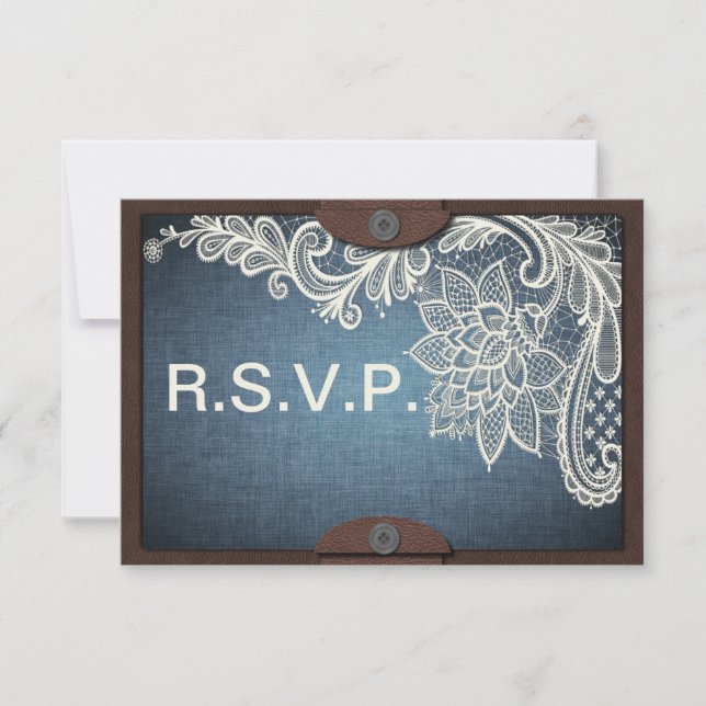 Cartão RSVP Rustic Denim, Casamento Lace & Leather (Frente)