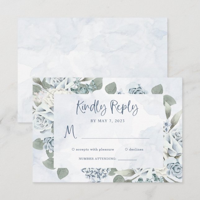 Cartão RSVP Rustic Dusty Blue Floral | Casamento por Aquarela (Frente/Verso)