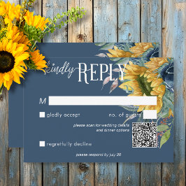 Cartão RSVP Rustic Dusty Blue Sunflower Código QR de Casamento