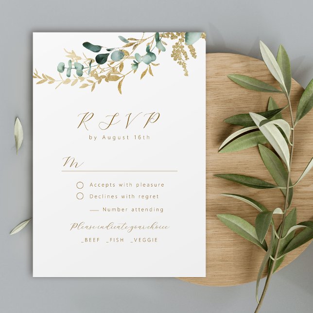 Cartão RSVP Rustic eucaliptus gold greenery boho casamento RSV (Criador carregado)