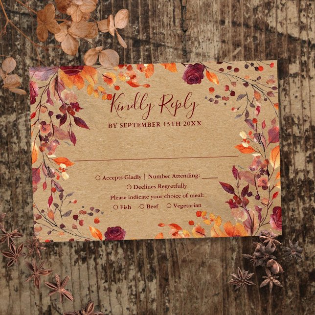 Cartão RSVP Rustic Fall Autumn Deixa Casamento Floral (Rustic Fall Autumn Leaves Floral Wedding RSVP Card)