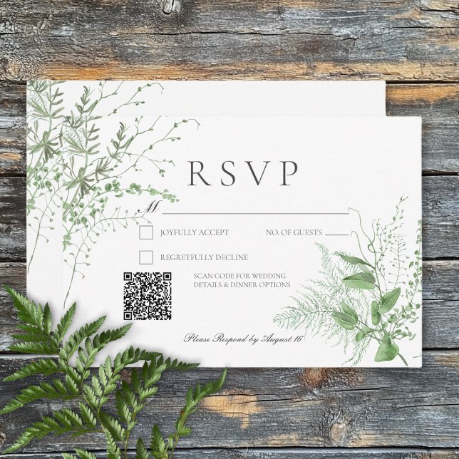 Cartão RSVP Rustic Fern Foliage Emerald Green Código QR (Rustic Fern Foliage Emerald Green QR Code RSVP Card )