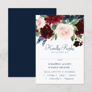 Cartão RSVP Rustic Floral   Marinho Azul Borgonha Vermelha Dou