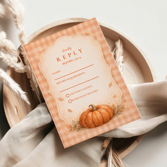 Cartão RSVP Rustic Gingham Pumpkin Fall Wedding (Criador carregado)