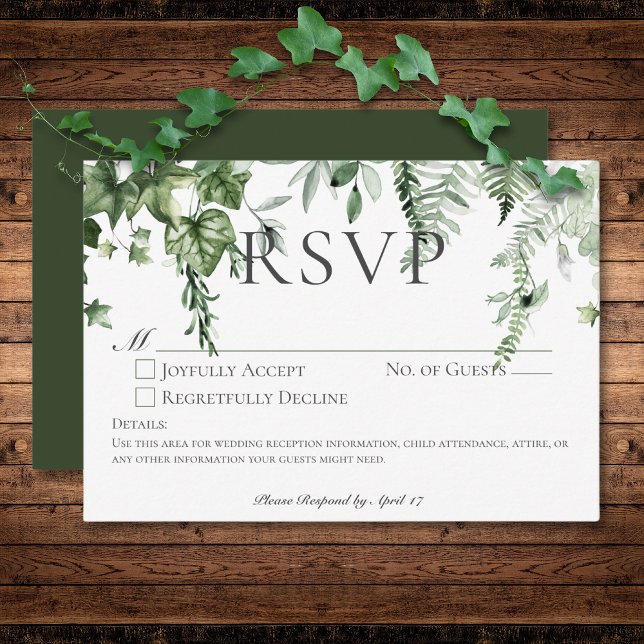 Cartão RSVP Rustic Ivy & Sage Greenery Casamento Verde Sem Jan (Rustic Ivy & Sage Greenery Green Wedding No Dinner RSVP Card)