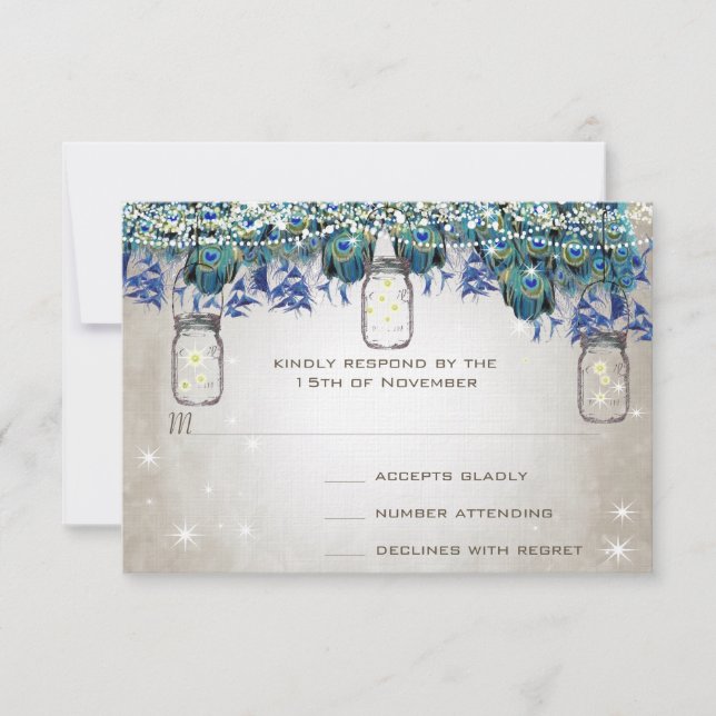 Cartão RSVP Rustic Luxe Mason Jar Marinho Turquoise Peacock (Frente)