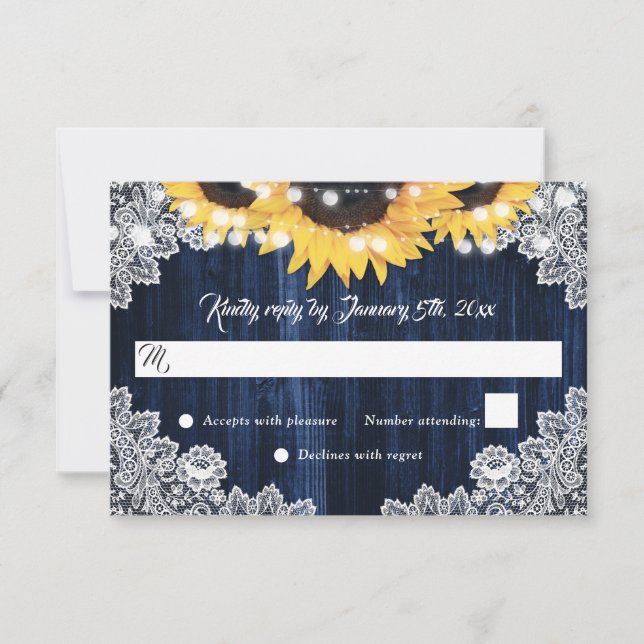 Cartão RSVP Rustic Navy Blue Wood Lace Sunflower Wedding (Frente)