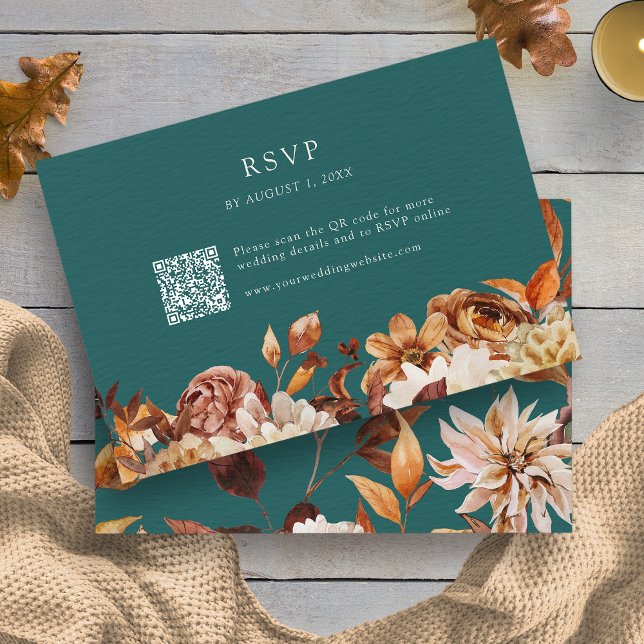 Cartão RSVP Rustic Teal (Rustic Fall Leaves Floral Teal RSVP Card QR Code by Painted Paperie
)
