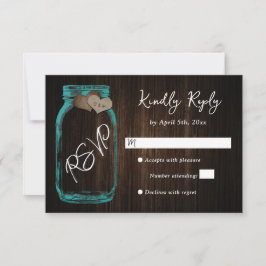 Cartão RSVP Rustic Teal Country Wood Heart Mason Jar Wedding